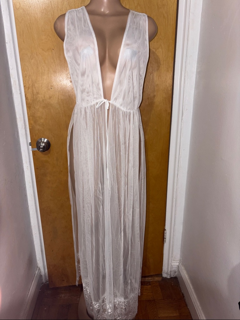 Cassandra Sheer Ivory Tie-Front Maxi Robe NWT